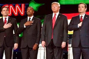 False: Donald Trump not saluting the flag during the national anthem at a recent GOP debate