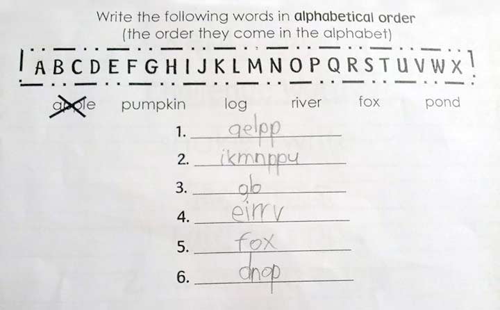 Autistic child puts words in alphabetical order