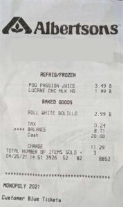 Shopping receipt at grocery store